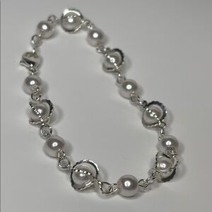 Silver Tone and White Faux Pearl Fashion Bracelet 8.5”